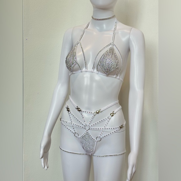 White AB Rhinestone 4 Piece Lingerie Set Bikini XS, D Cup, Festival, Rave, Dance - Picture 11 of 13